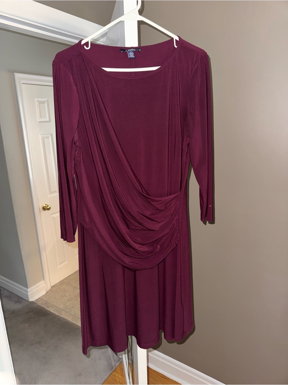 Evening Burgundy Draped 3/4 Sleeve Dress